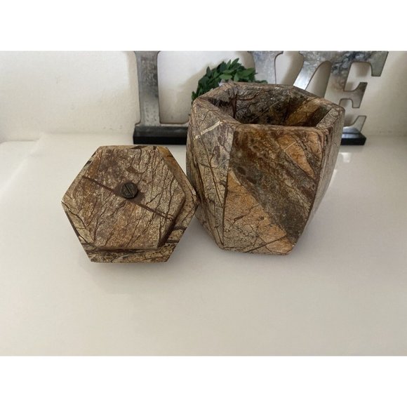 Hexagonal Stone Canister Lidded Container Trinket Box Port To Port Vintage Brown - Picture 11 of 16